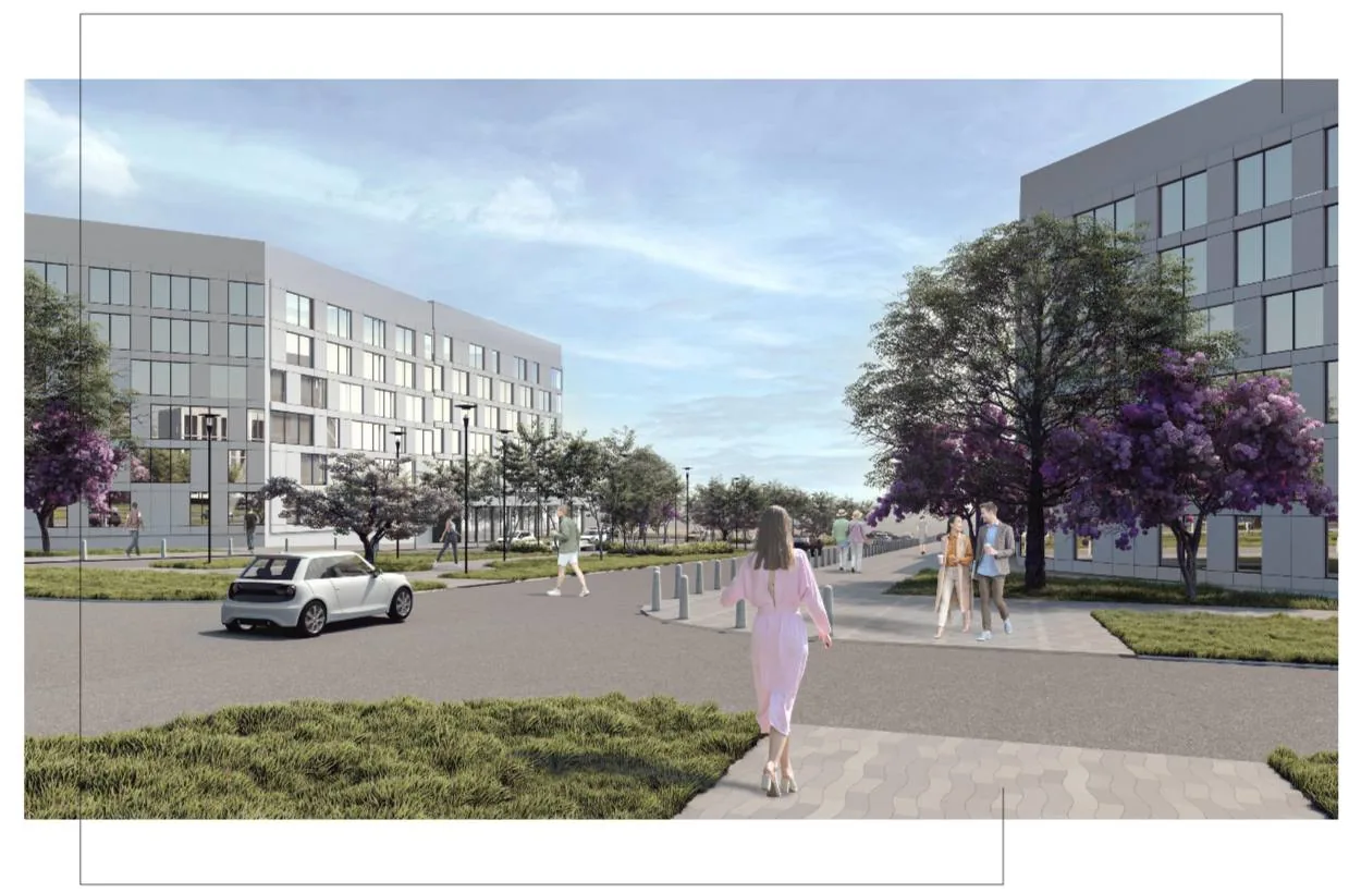 Современный городской микрорайон с многоэтажными домами, пешеходной зоной и зелеными насаждениями