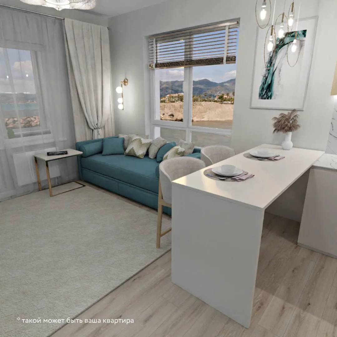 Современная квартира с гостиной и кухней в жилом комплексе с инфраструктурой у моря